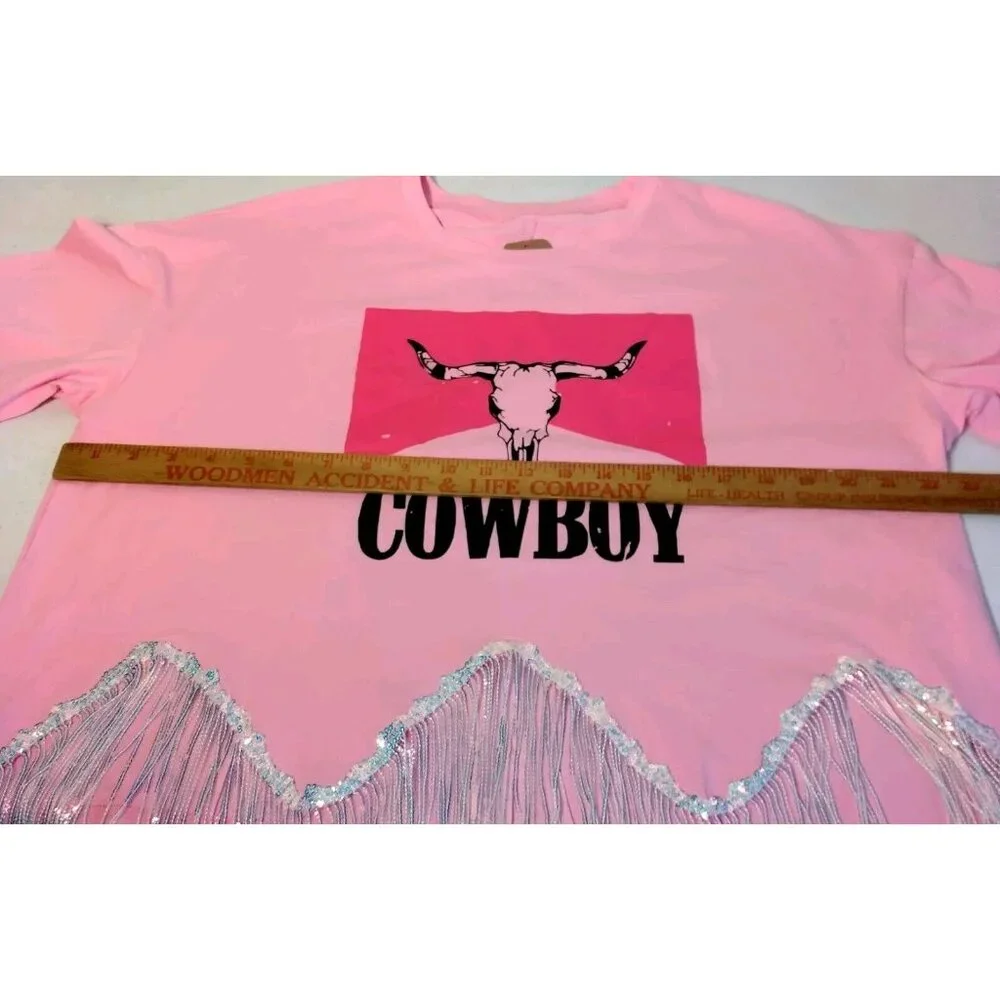 Cowboy T Shirt Large Pink Cropped Silver Fringe Western Cowgirl Crop Top - Picture 5 of 15